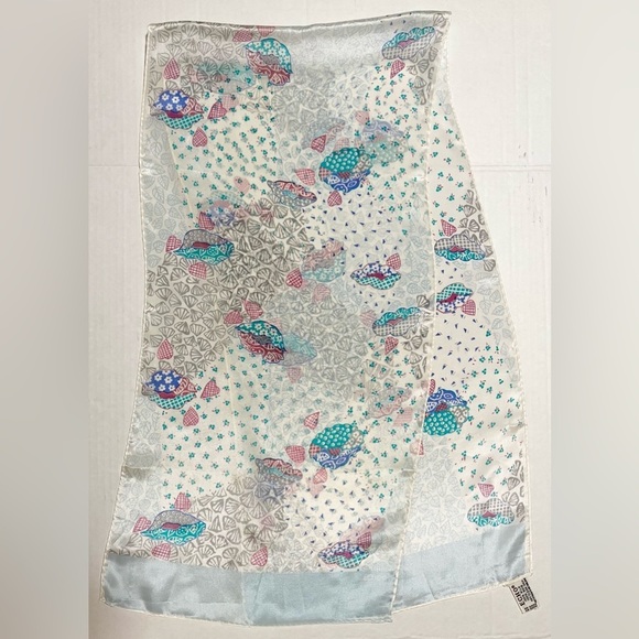 Echo Vintage Silk Scarf Clams Crustaceancore Grandmacore White Blue 11” x 46” - Picture 5 of 8